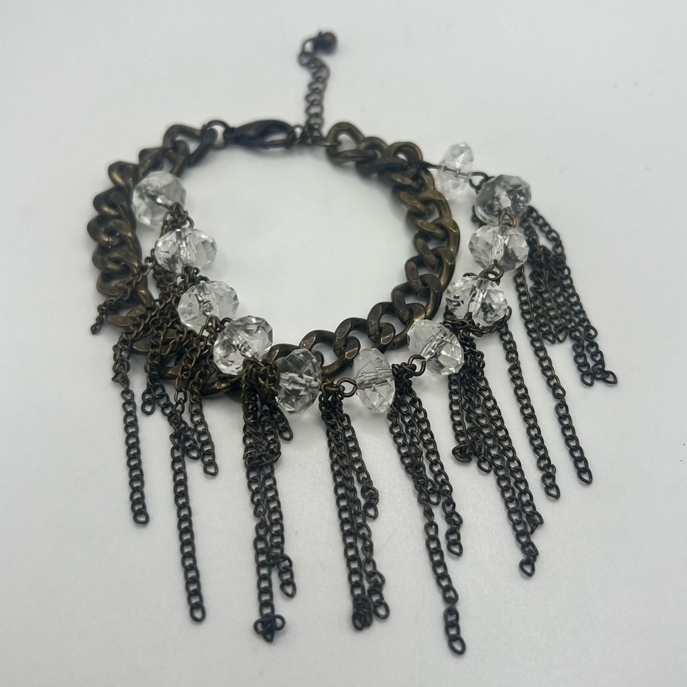 Antique Gold/Gold Brown Style Chain Tassel and Clear Stone Bracelet